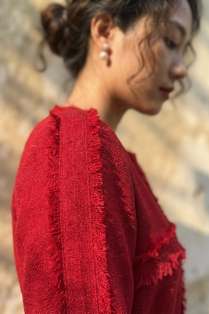 Đầm suông tua rua thủ công tweed đỏ thời trang Hity