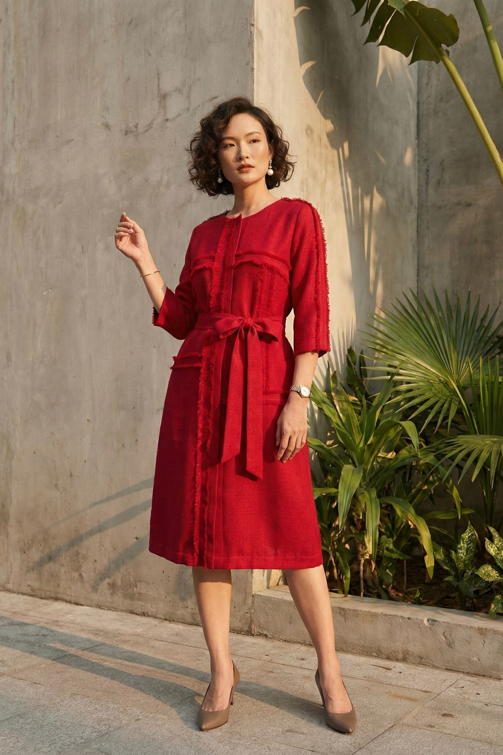 Đầm suông tua rua thủ công tweed đỏ thời trang Hity