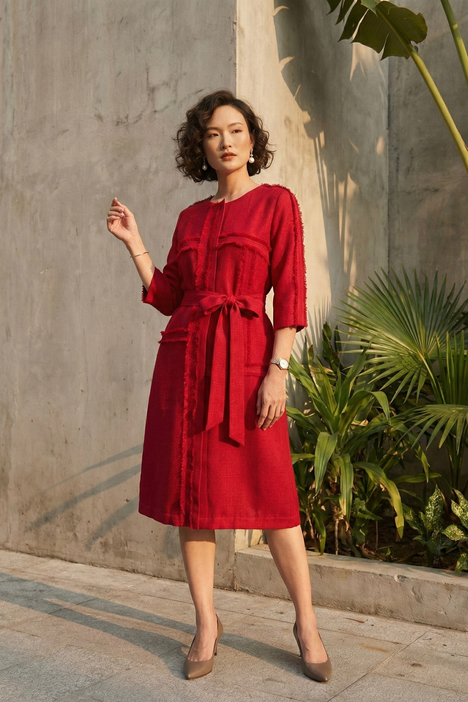 Đầm suông tua rua thủ công tweed đỏ thời trang Hity