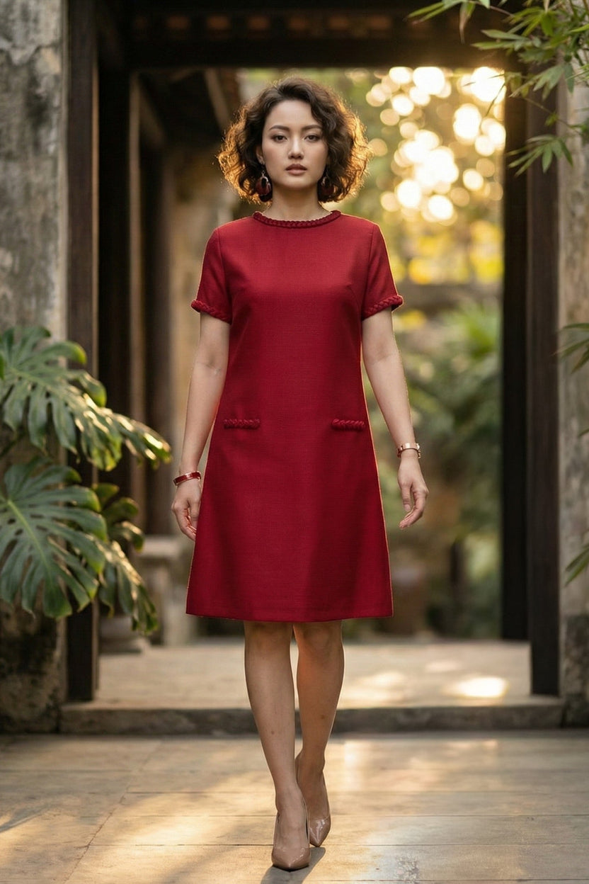 Đầm suông tweed đỏ may đo cao cấp thời trang Hity