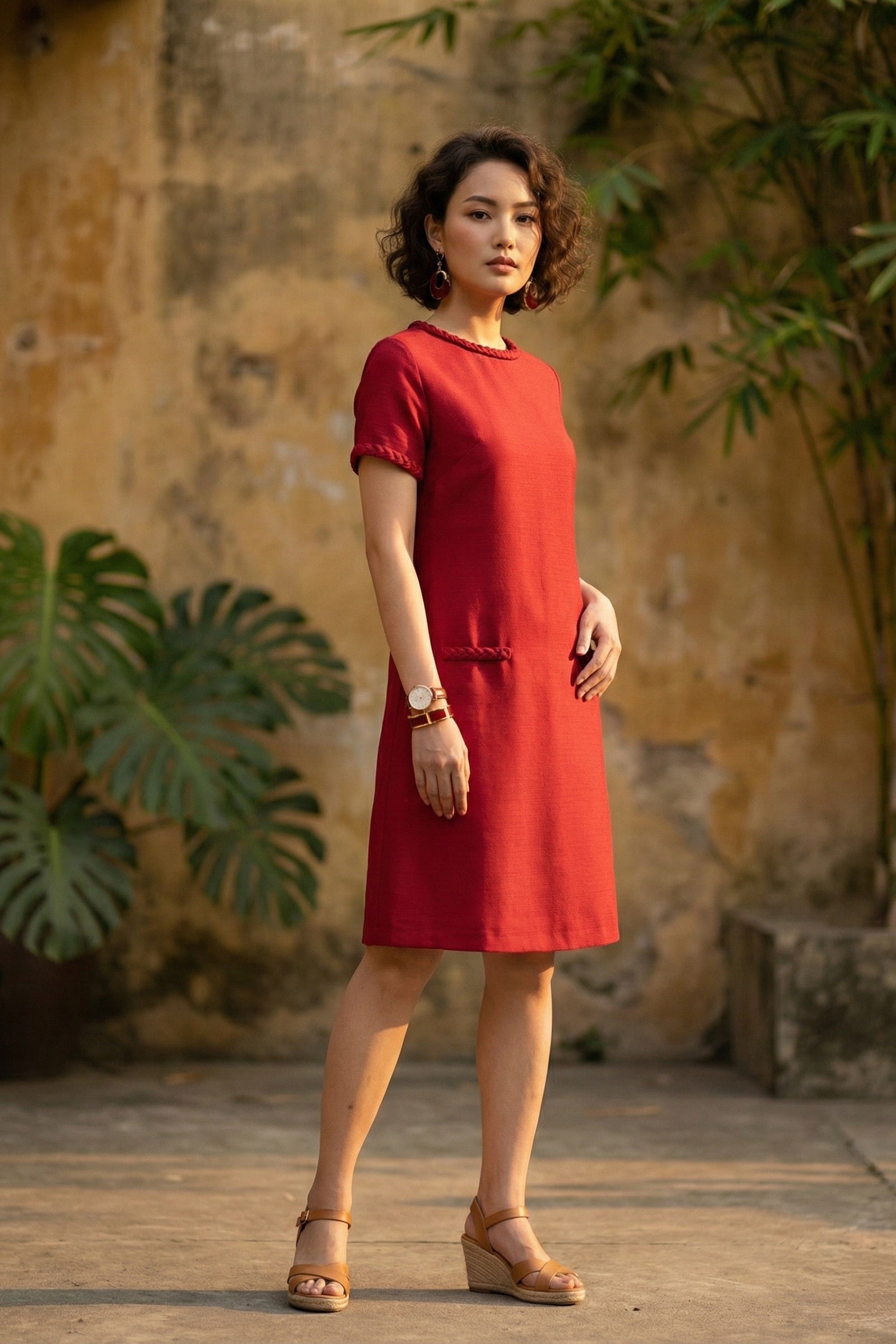 Đầm suông tweed đỏ may đo cao cấp thời trang Hity