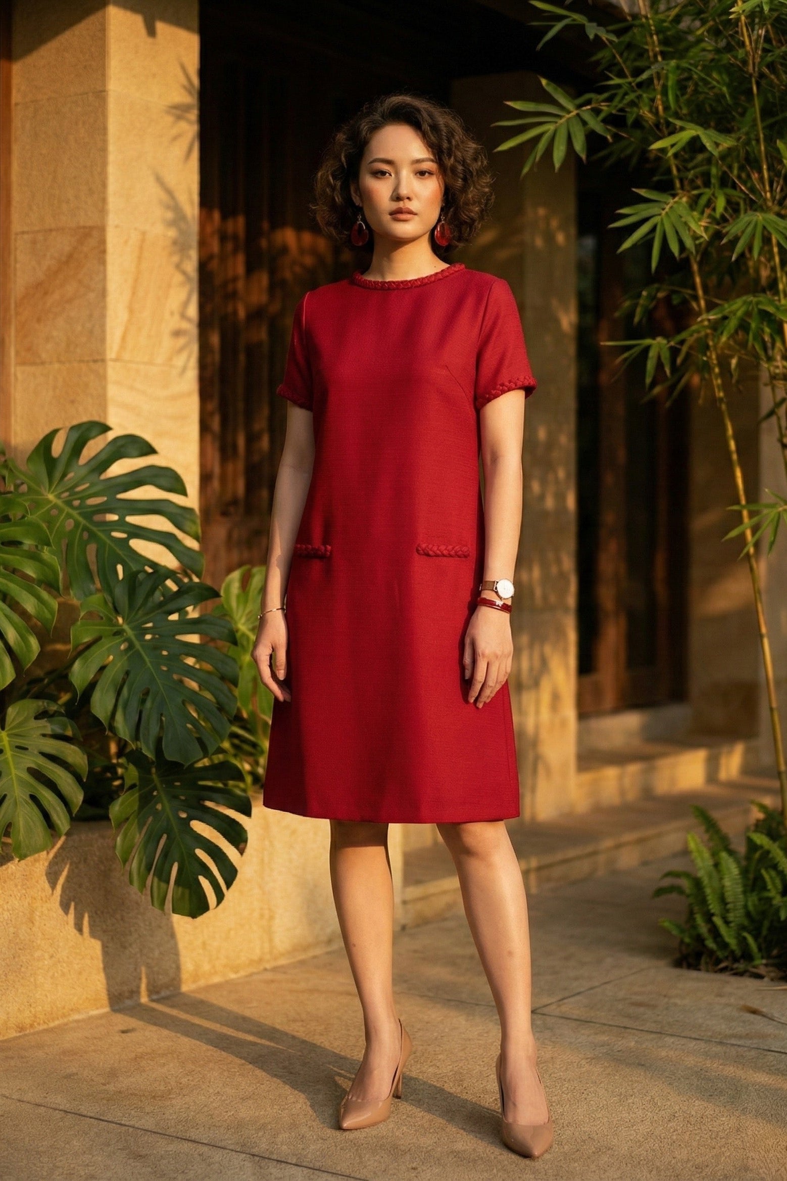 Đầm suông tweed đỏ may đo cao cấp thời trang Hity