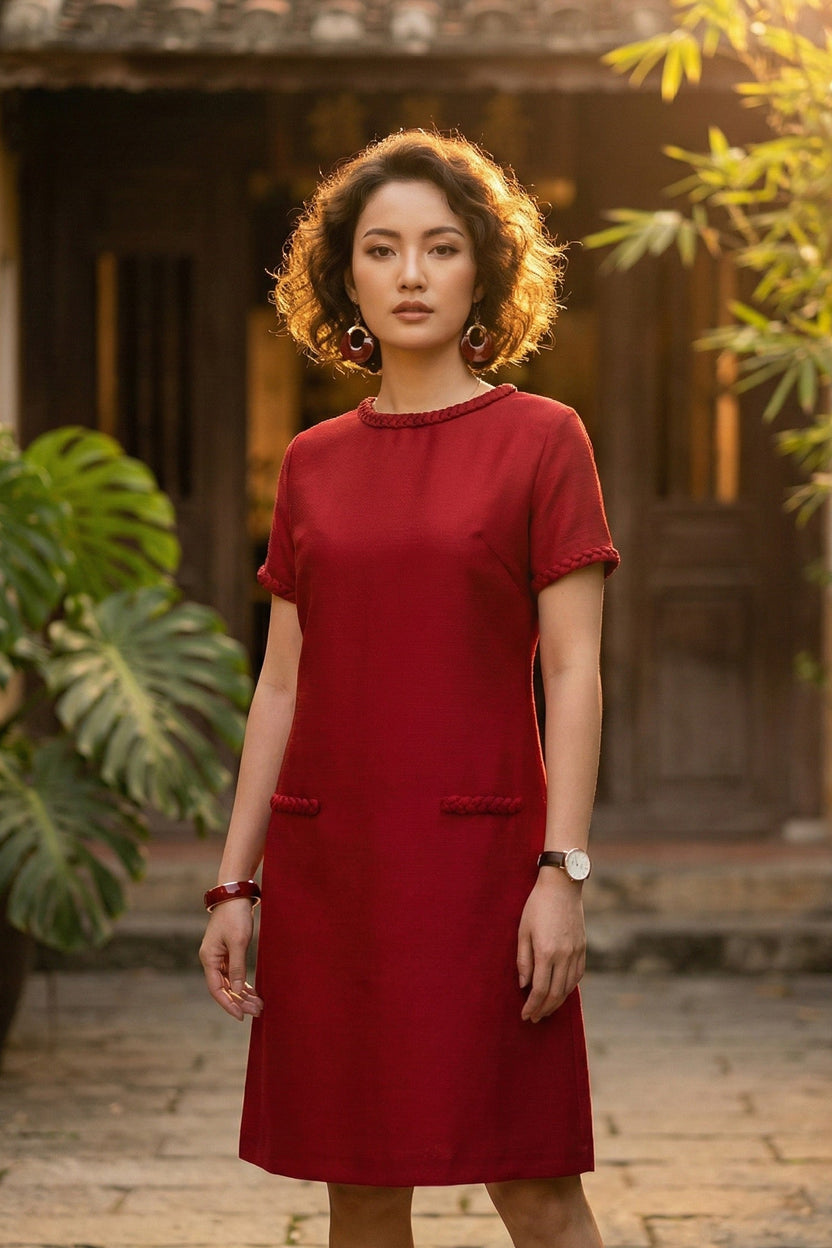 Đầm suông tweed đỏ may đo cao cấp thời trang Hity