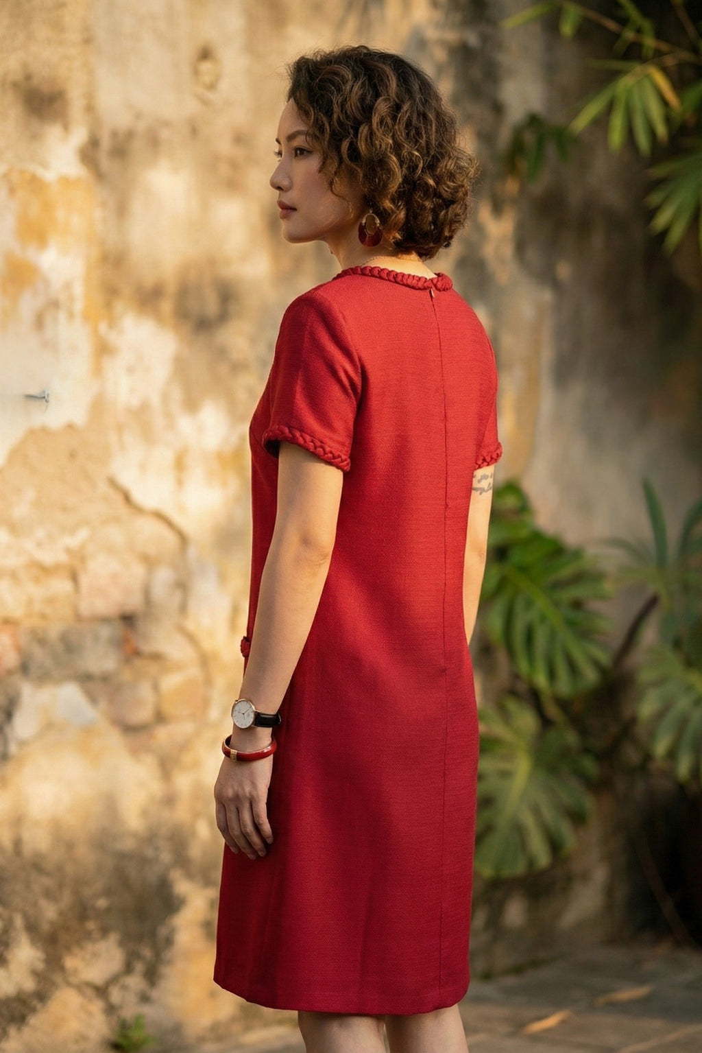 Đầm suông tweed đỏ may đo cao cấp thời trang Hity