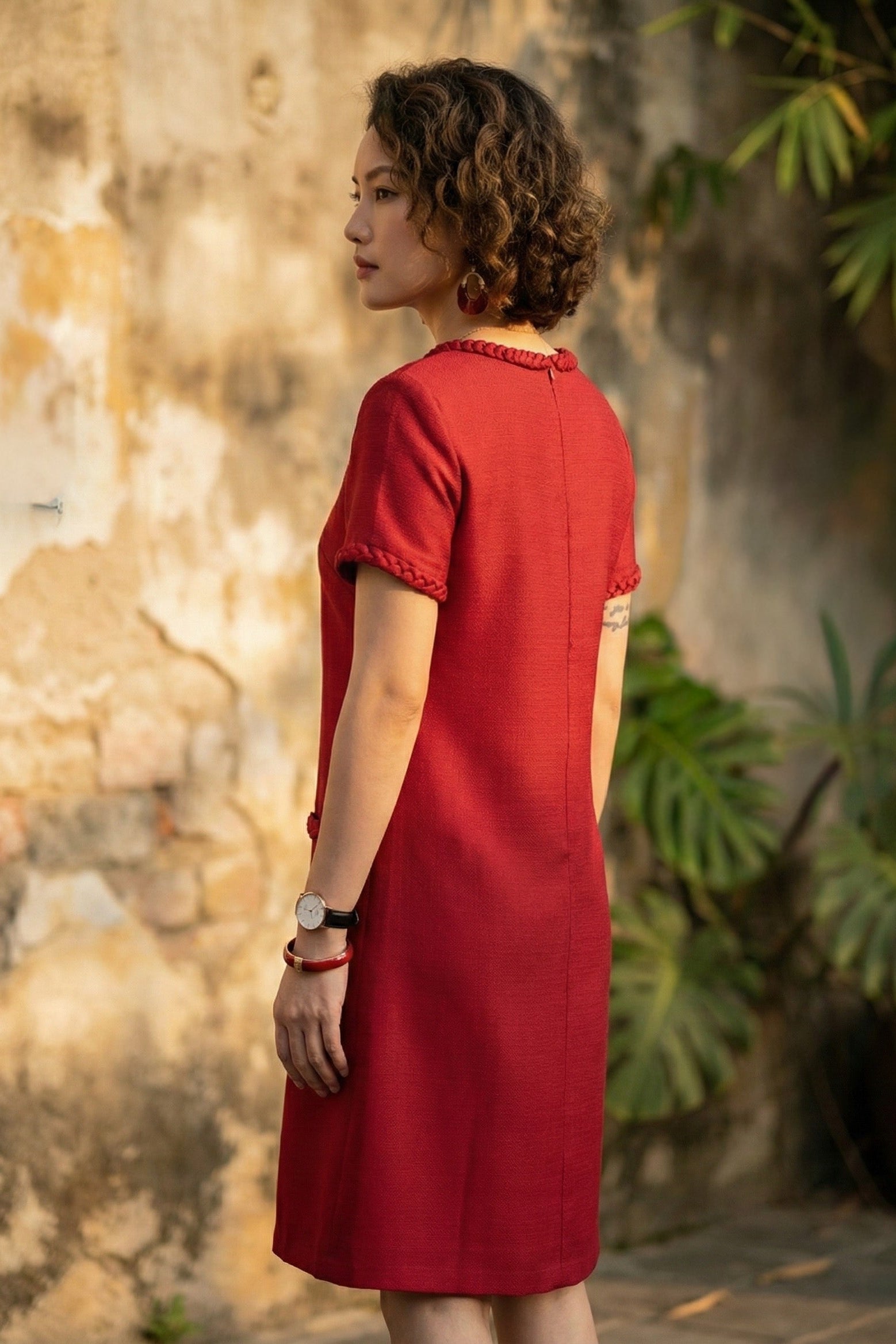 Đầm suông tweed đỏ may đo cao cấp thời trang Hity