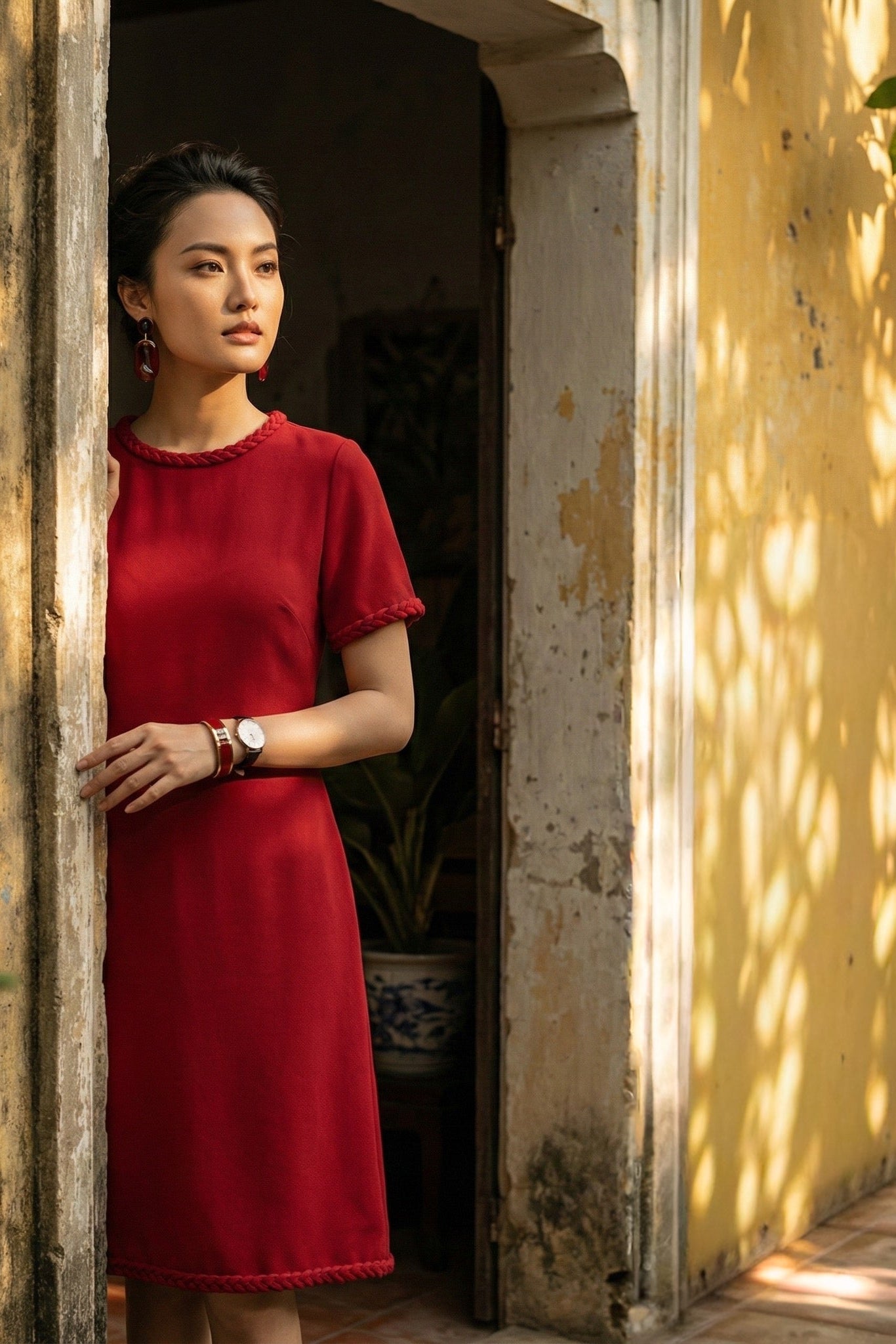 Đầm suông tweed đỏ may đo cao cấp thời trang Hity