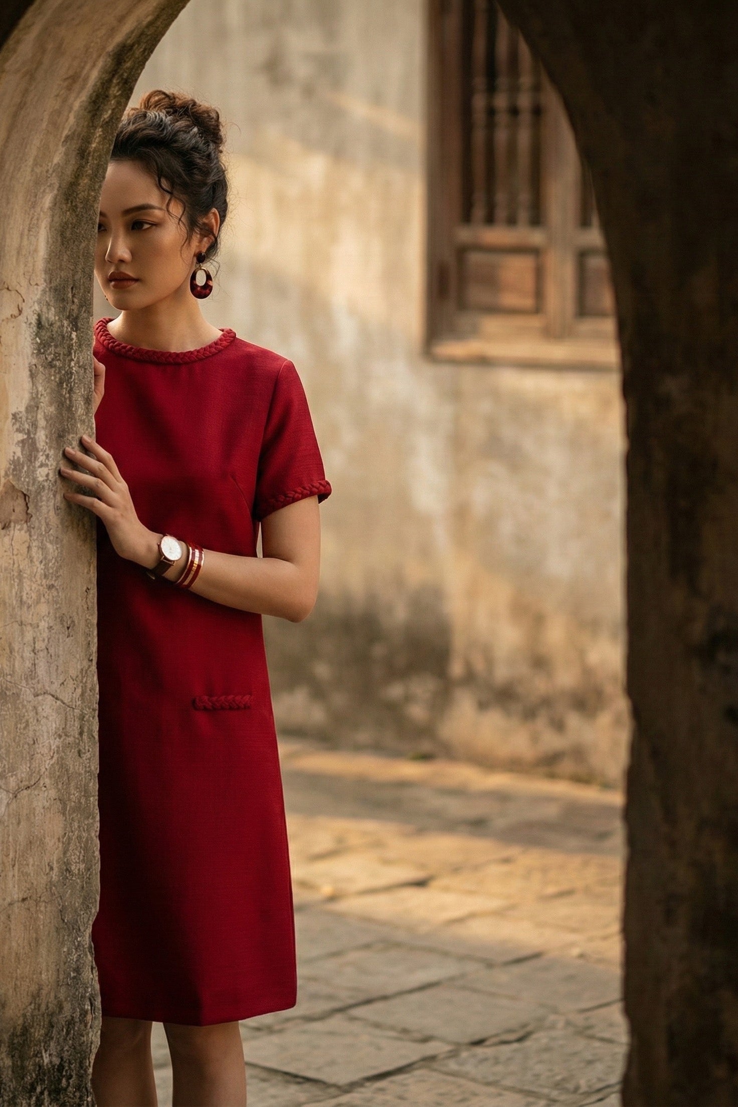 Đầm suông tweed đỏ may đo cao cấp thời trang Hity