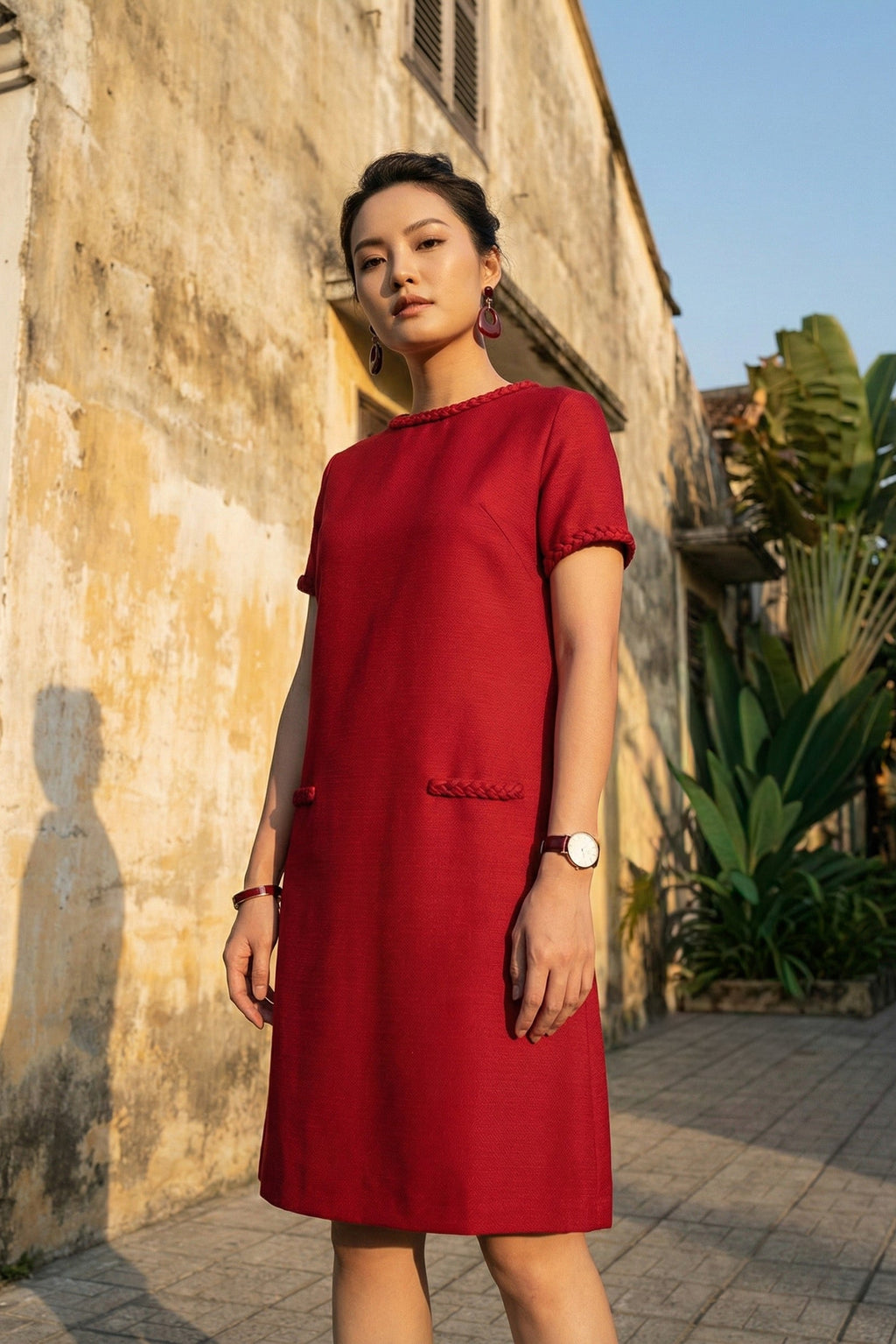 Đầm suông tweed đỏ may đo cao cấp thời trang Hity