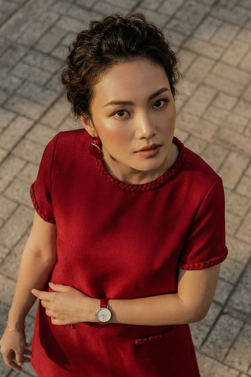 Đầm suông tweed đỏ may đo cao cấp thời trang Hity