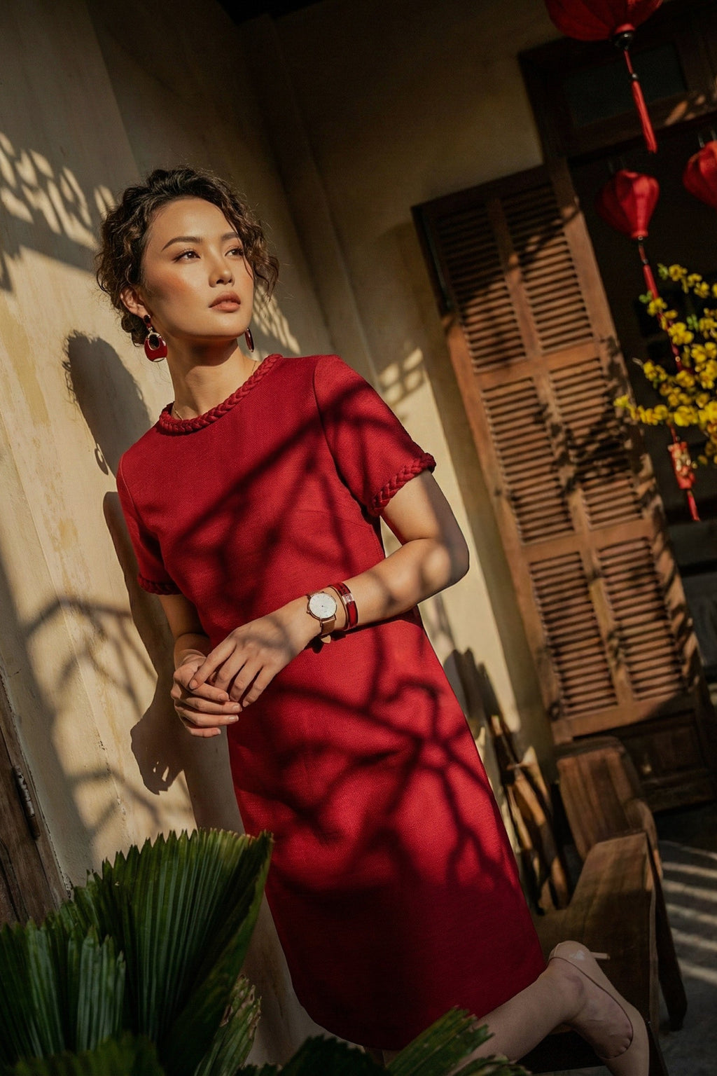 Đầm suông tweed đỏ may đo cao cấp thời trang Hity