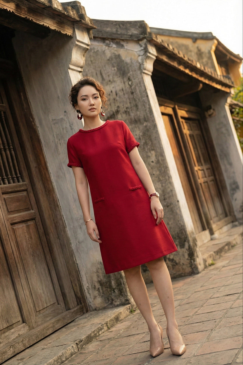 Đầm suông tweed đỏ may đo cao cấp thời trang Hity