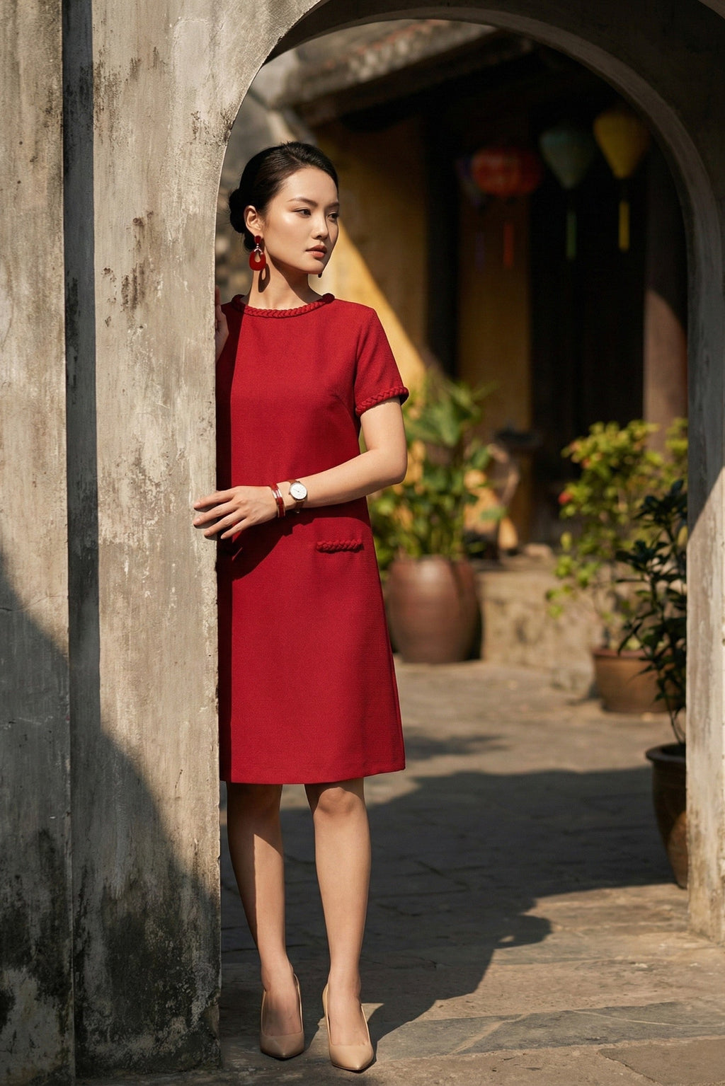 Đầm suông tweed đỏ may đo cao cấp thời trang Hity