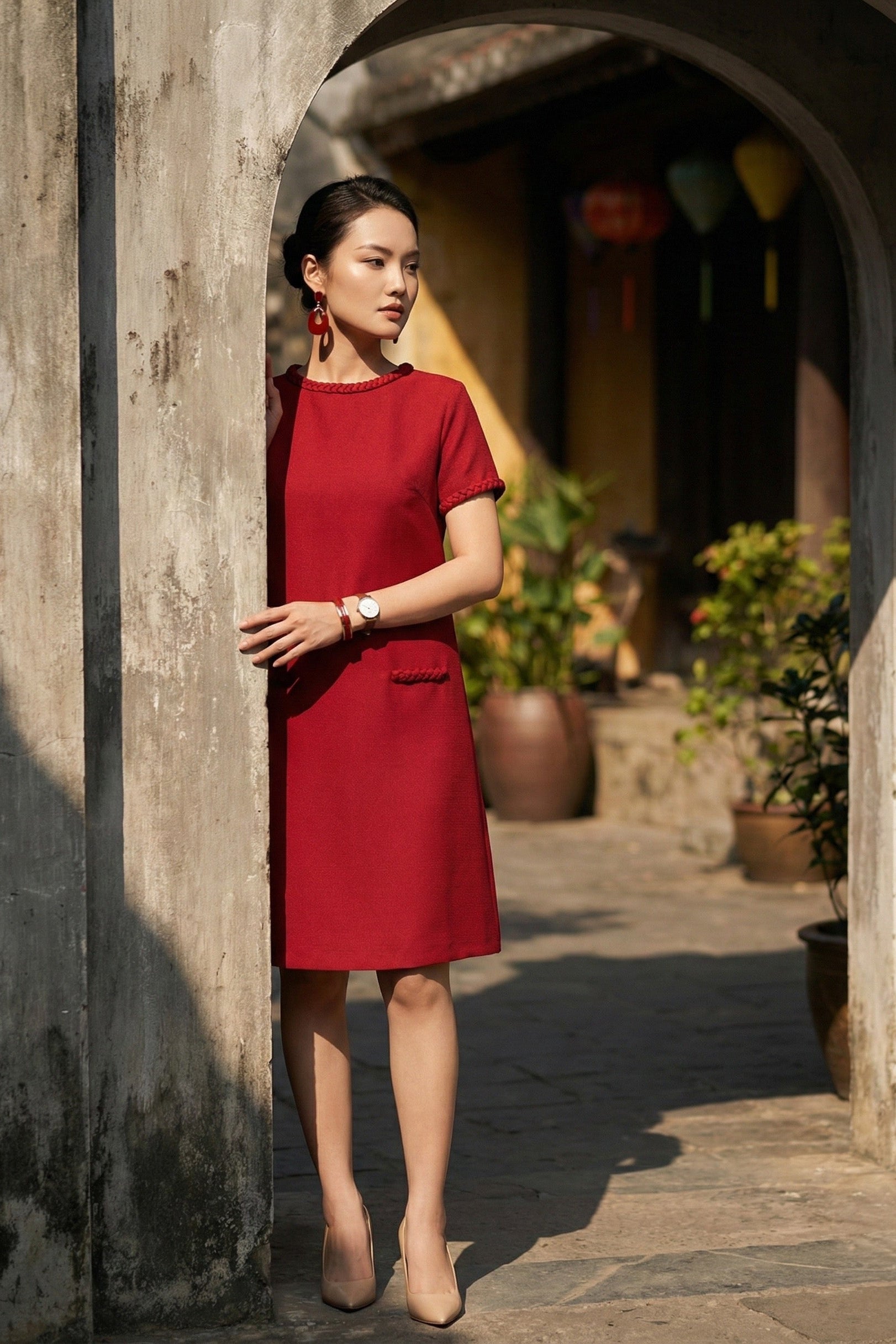 Đầm suông tweed đỏ may đo cao cấp thời trang Hity