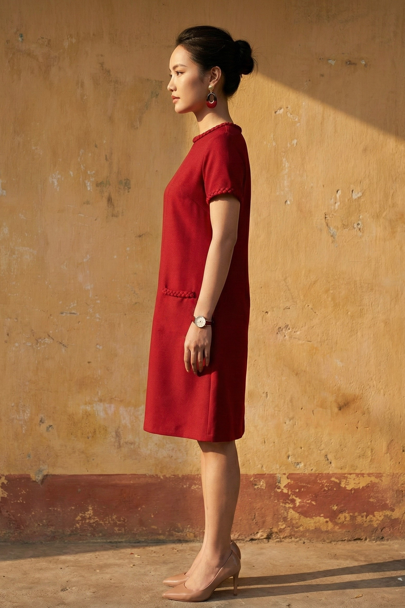 Đầm suông tweed đỏ may đo cao cấp thời trang Hity