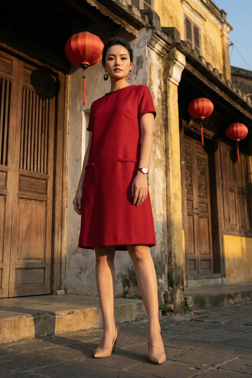 Đầm suông tweed đỏ may đo cao cấp thời trang Hity