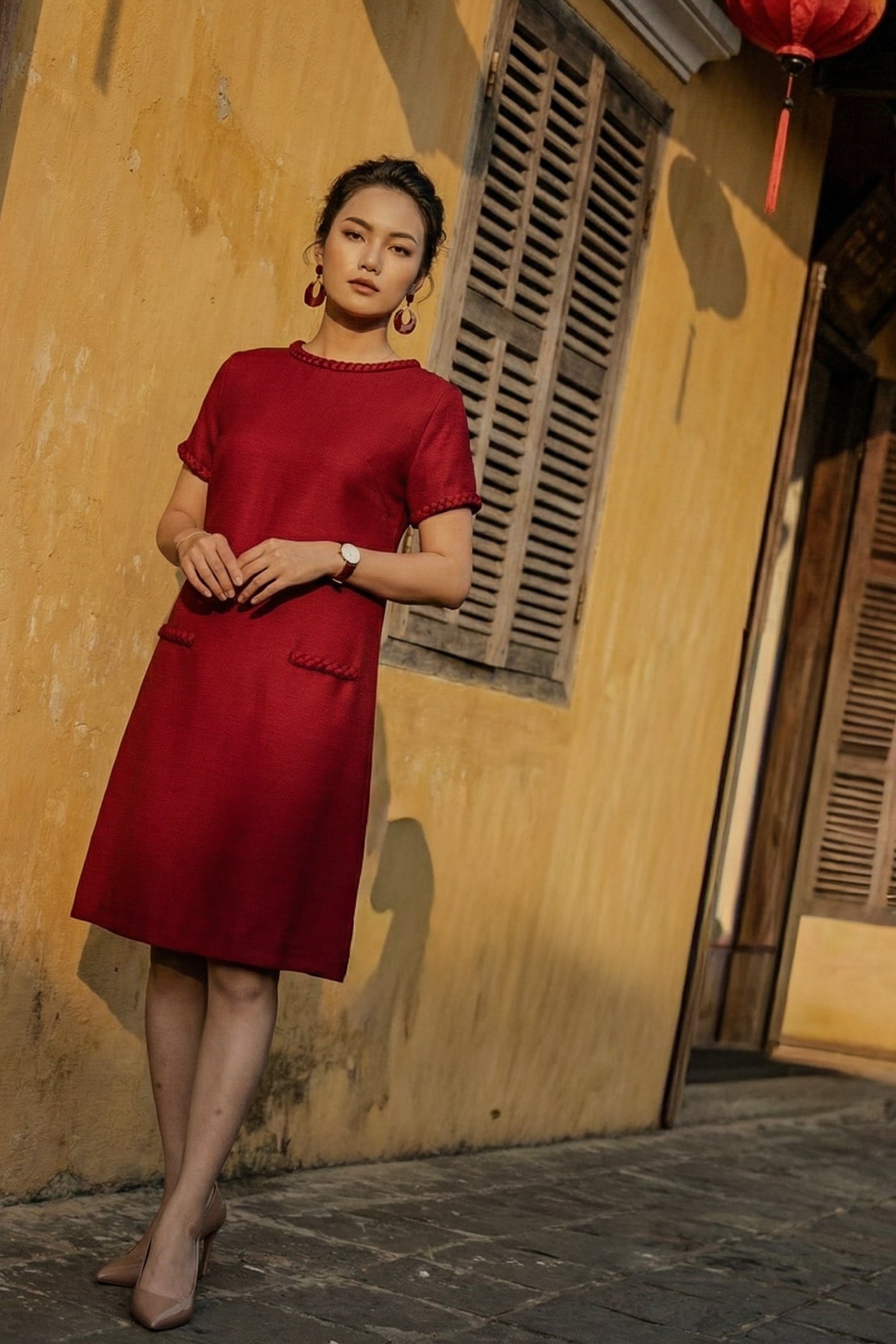 Đầm suông tweed đỏ may đo cao cấp thời trang Hity