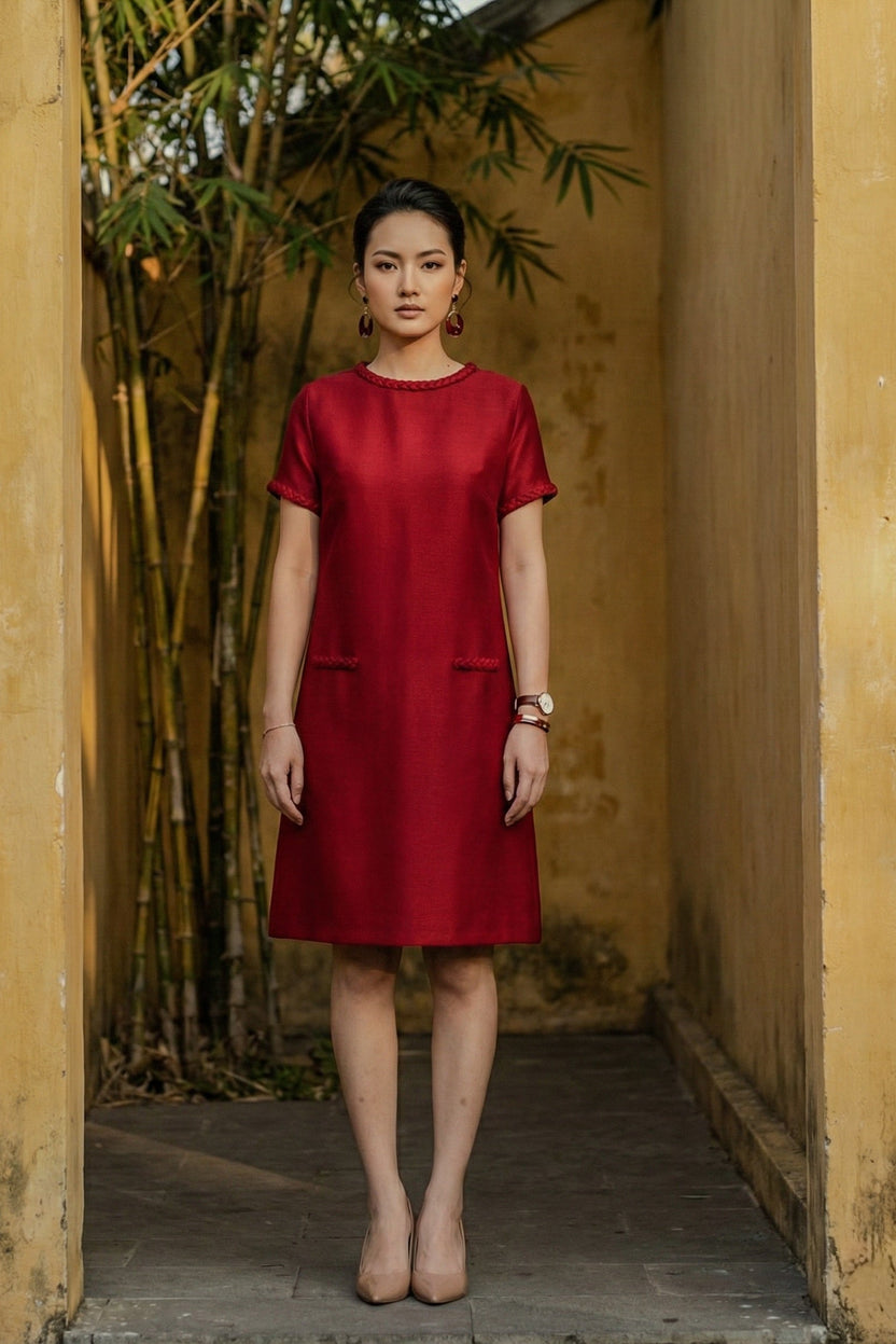 Đầm suông tweed đỏ may đo cao cấp thời trang Hity