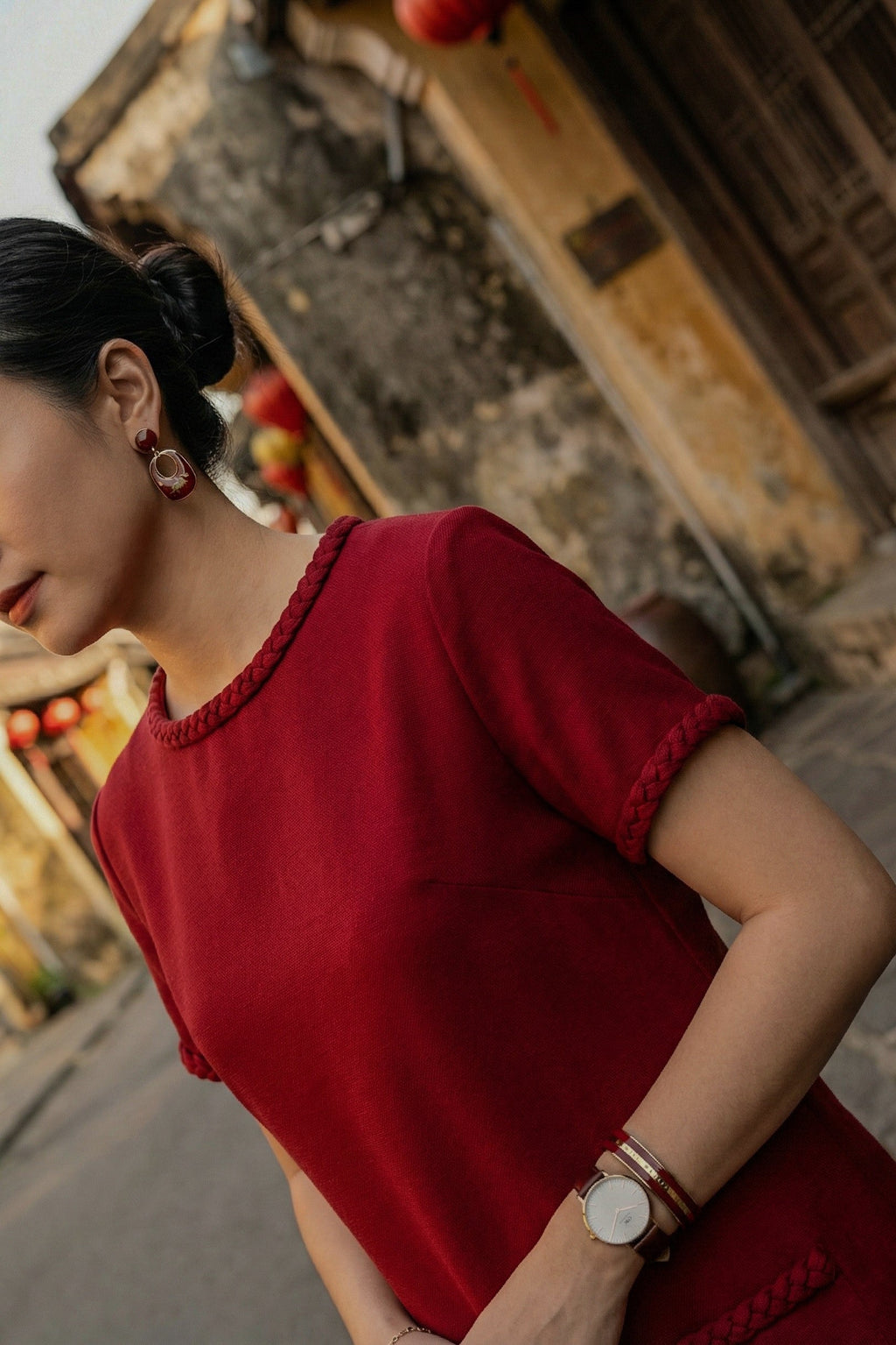 Đầm suông tweed đỏ may đo cao cấp thời trang Hity