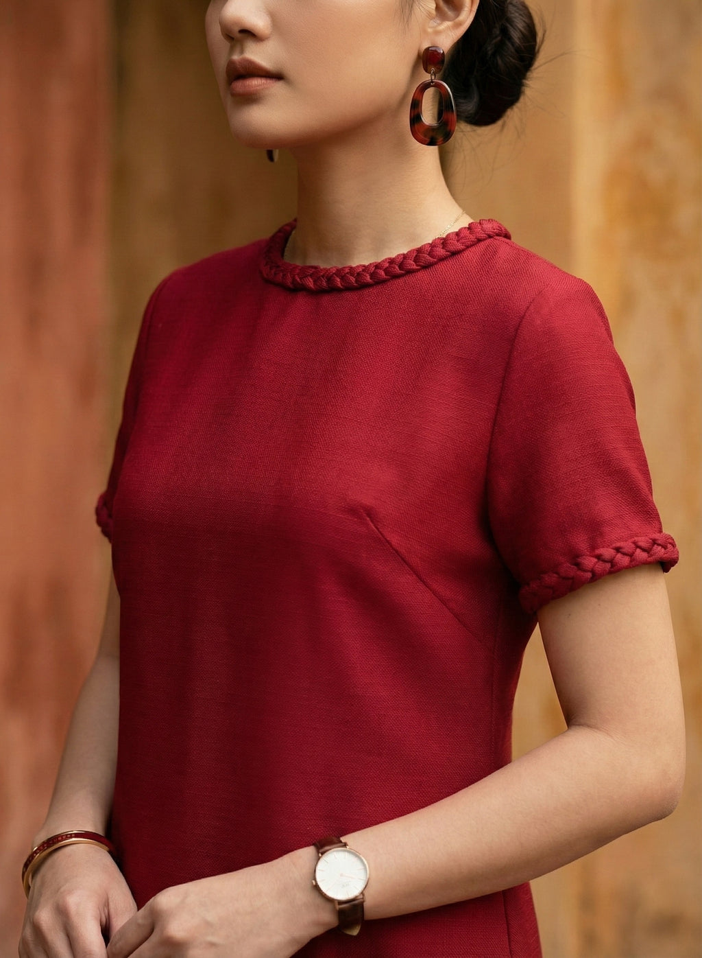 Đầm suông tweed đỏ may đo cao cấp thời trang Hity