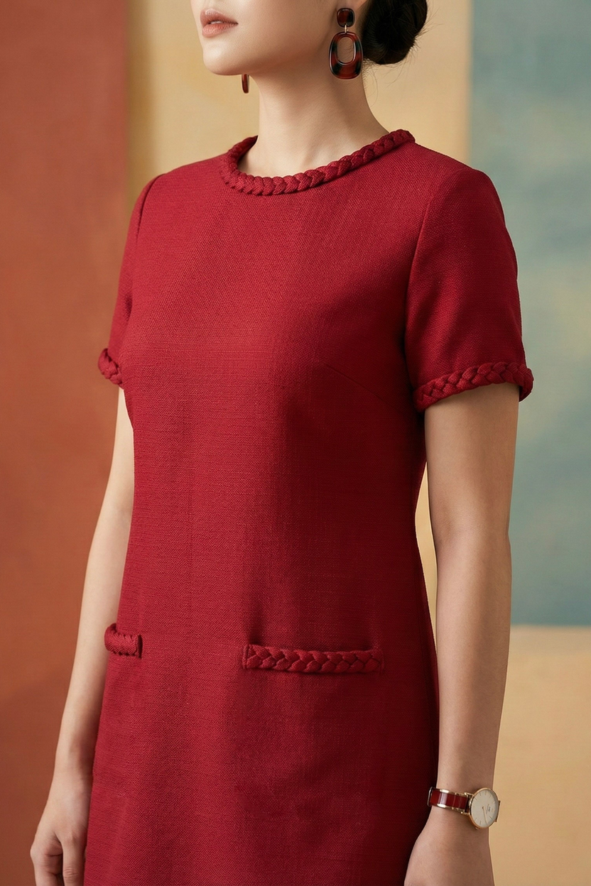 Đầm suông tweed đỏ may đo cao cấp thời trang Hity