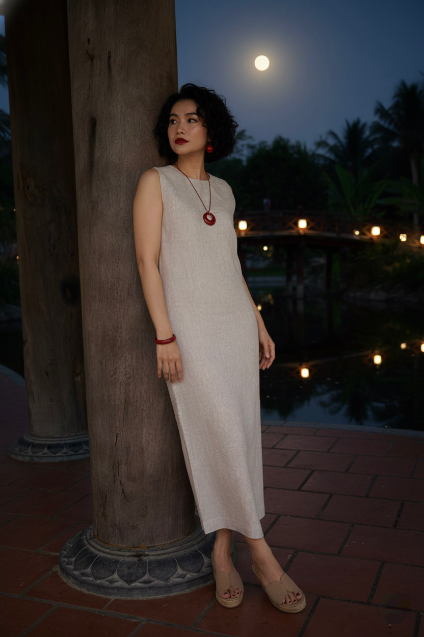 Đầm suông không tay xẻ tà linen xám thời trang Hity