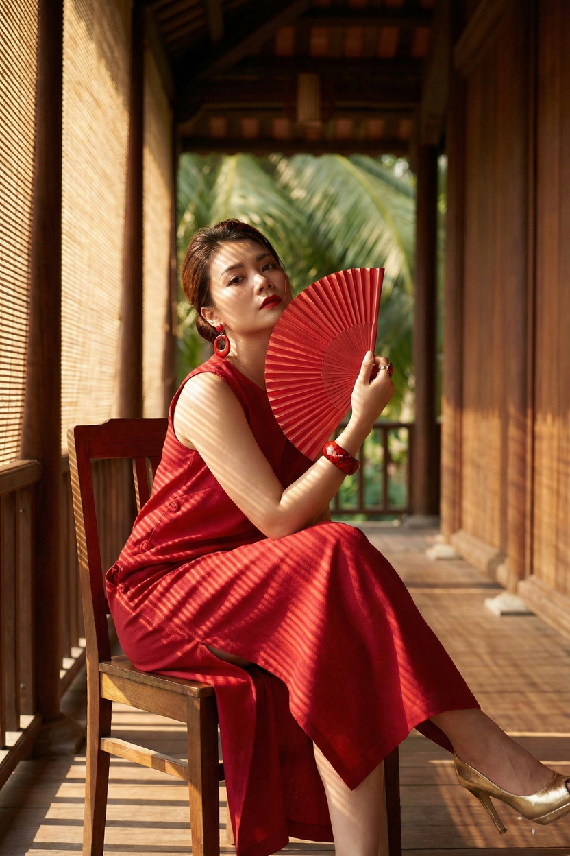 Đầm suông xẻ tà cotton đỏ thời trang Hity