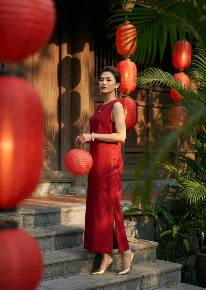 Đầm suông xẻ tà cotton đỏ thời trang Hity