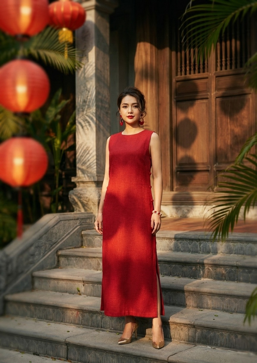 Đầm suông xẻ tà cotton đỏ thời trang Hity