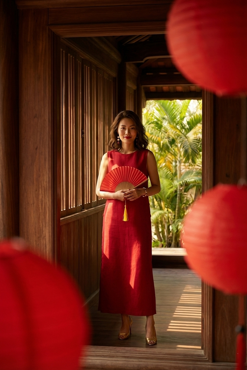 Đầm suông xẻ tà cotton đỏ thời trang Hity