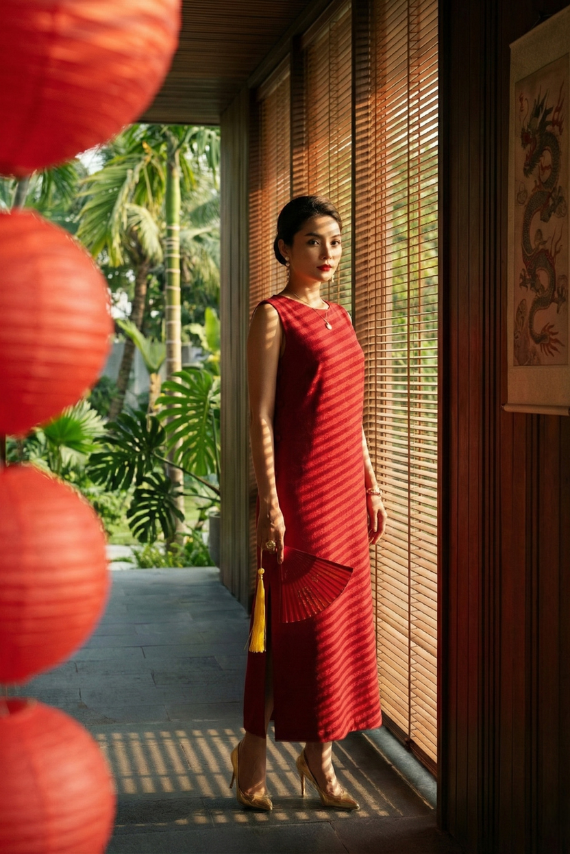Đầm suông xẻ tà cotton đỏ thời trang Hity