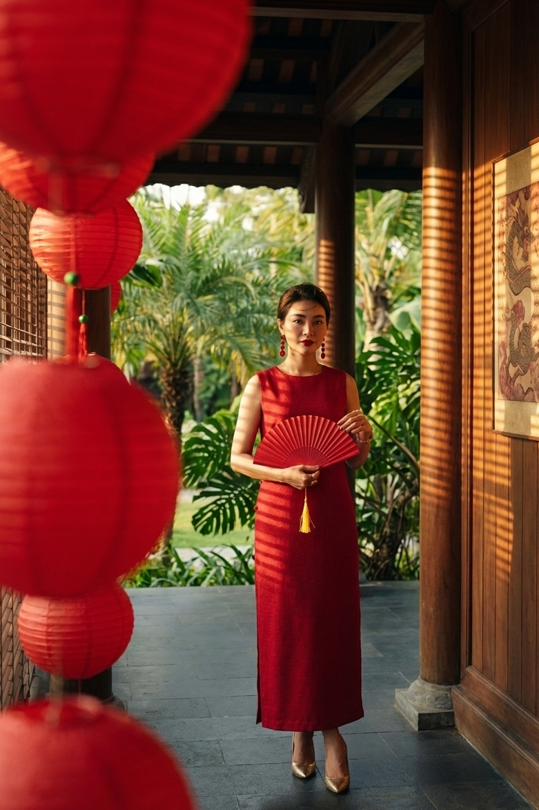 Đầm suông xẻ tà cotton đỏ thời trang Hity