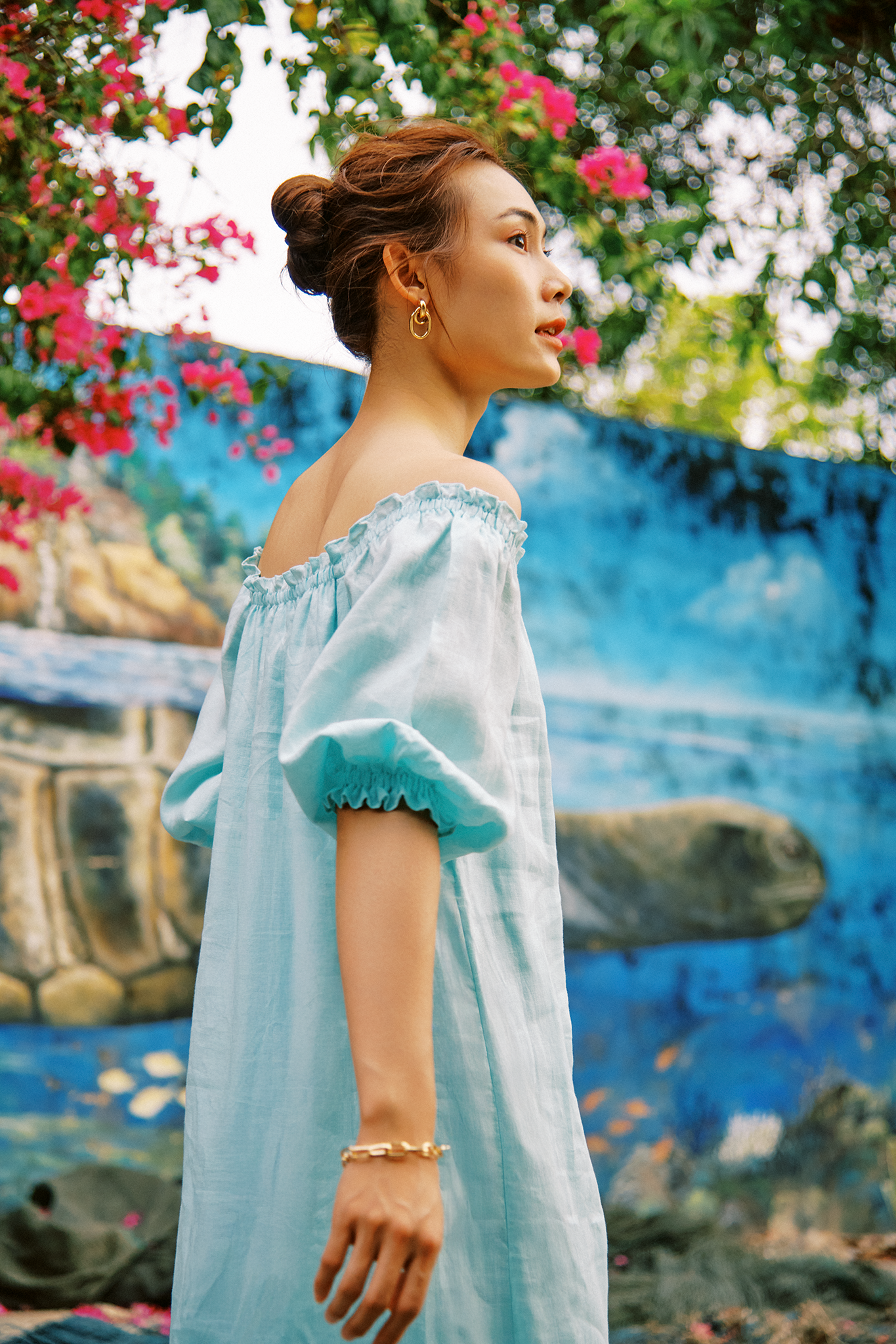 Đầm midi trễ vai linen thêu tay thời trang Hity