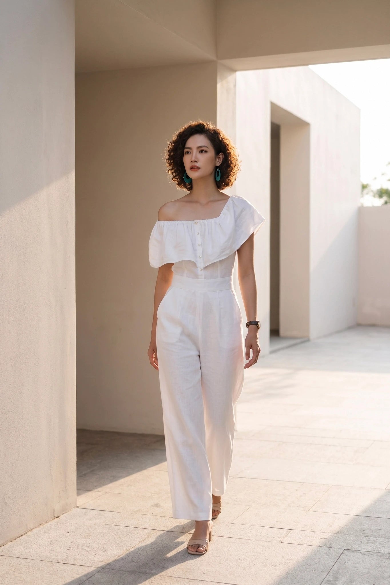 Đồ bay bộ áo liền quần jumpsuit linen trắng thời trang Hity