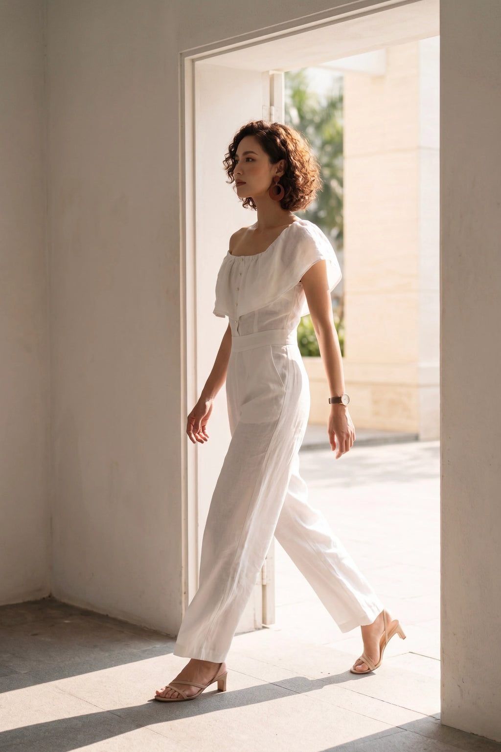 Đồ bay bộ áo liền quần jumpsuit linen trắng thời trang Hity
