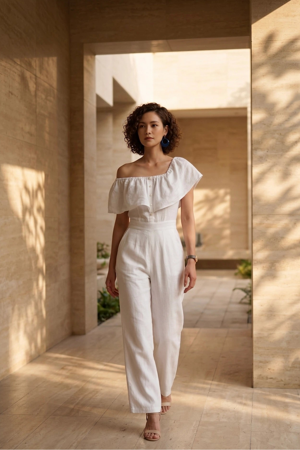 Đồ bay bộ áo liền quần jumpsuit linen trắng thời trang Hity