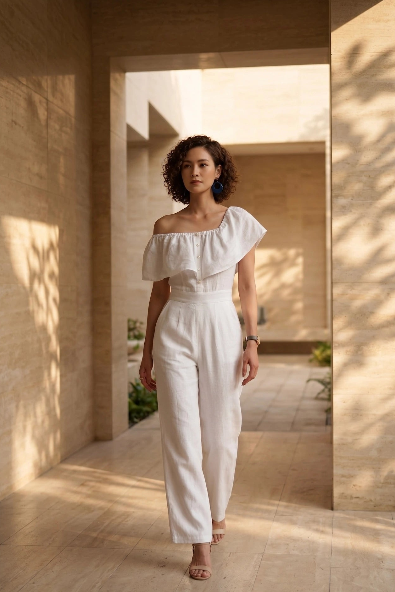 Đồ bay bộ áo liền quần jumpsuit linen trắng thời trang Hity