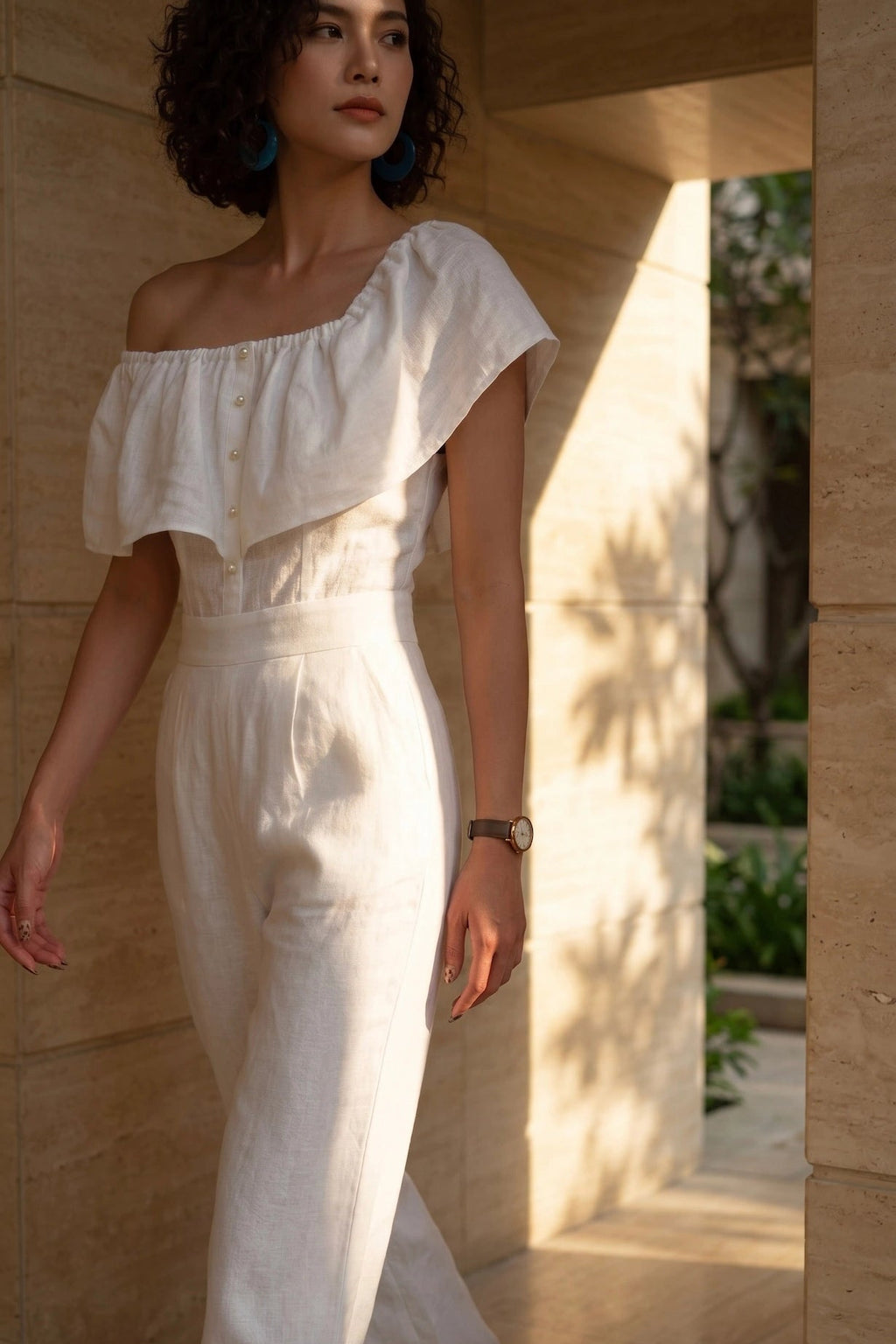 Đồ bay bộ áo liền quần jumpsuit linen trắng thời trang Hity
