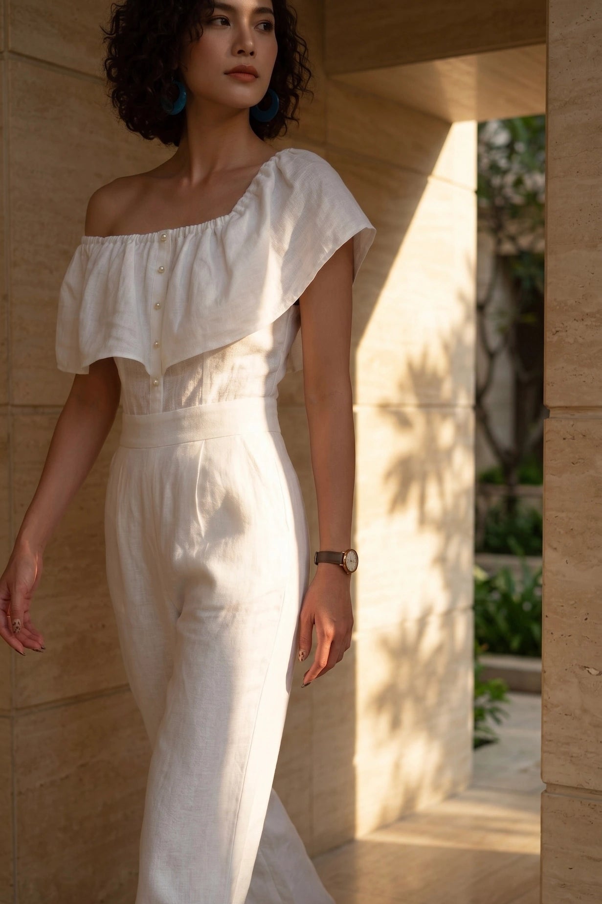 Đồ bay bộ áo liền quần jumpsuit linen trắng thời trang Hity