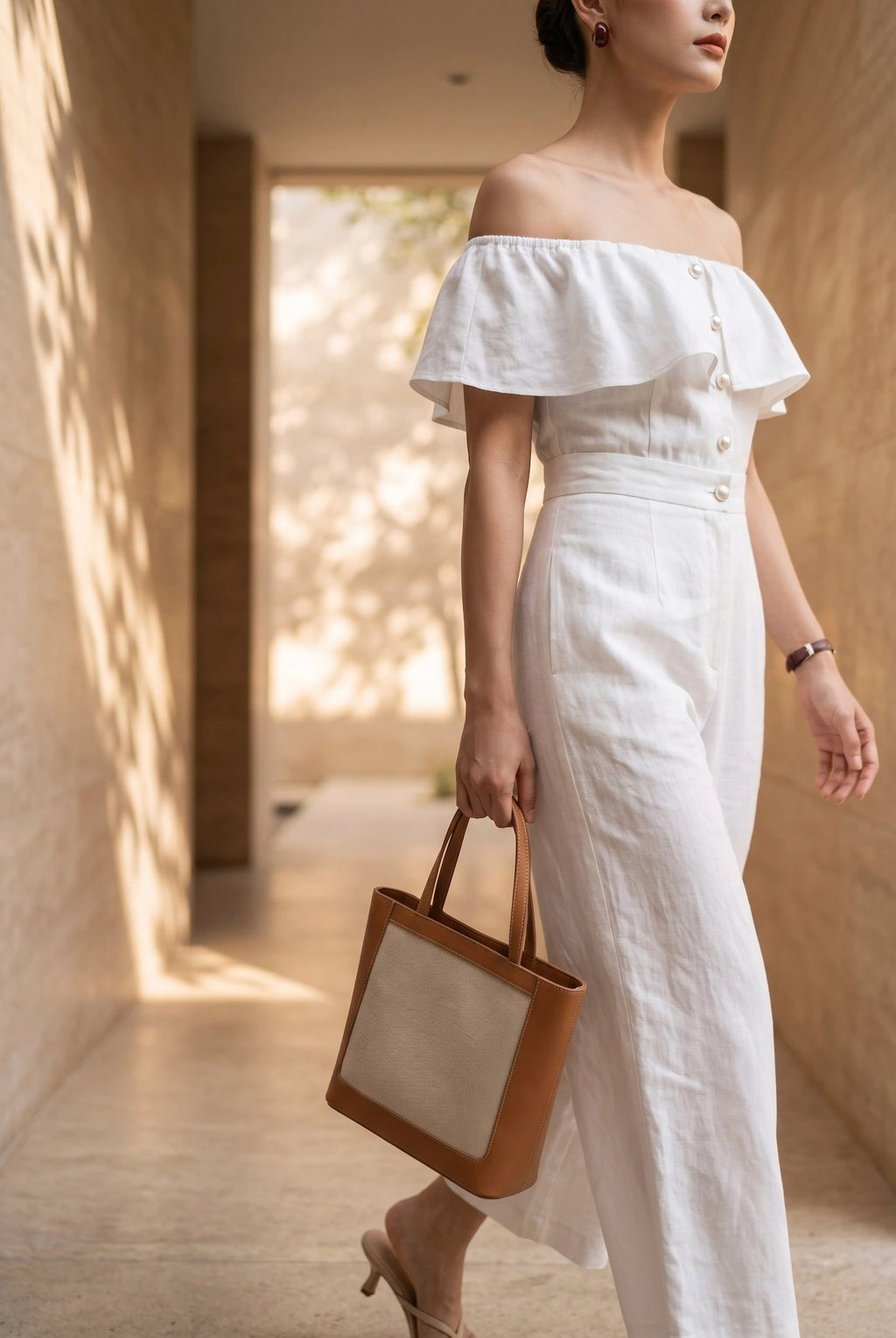 Đồ bay bộ áo liền quần jumpsuit linen trắng thời trang Hity