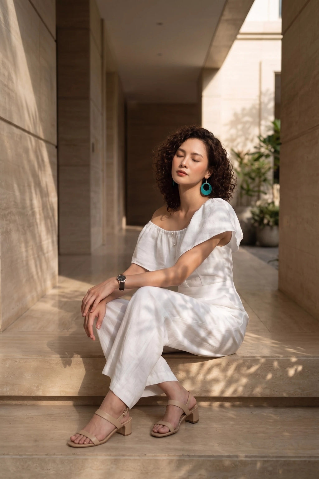 Đồ bay bộ áo liền quần jumpsuit linen trắng thời trang Hity