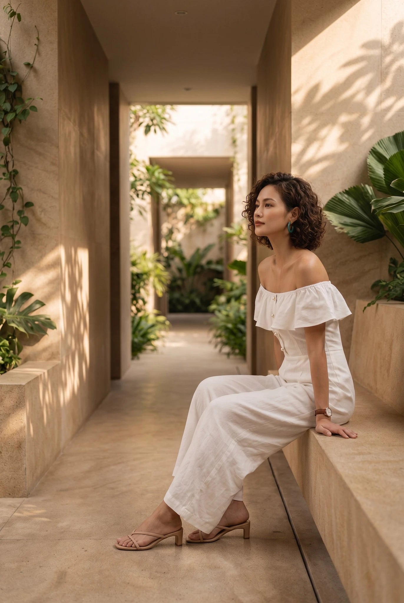 Đồ bay bộ áo liền quần jumpsuit linen trắng thời trang Hity
