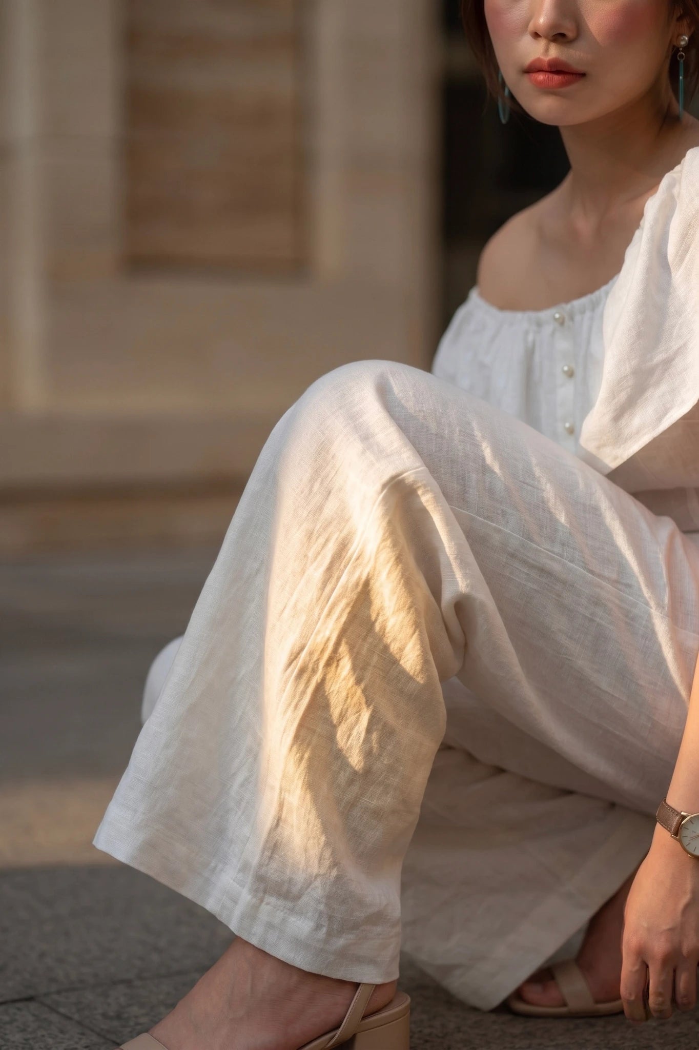 Đồ bay bộ áo liền quần jumpsuit linen trắng thời trang Hity