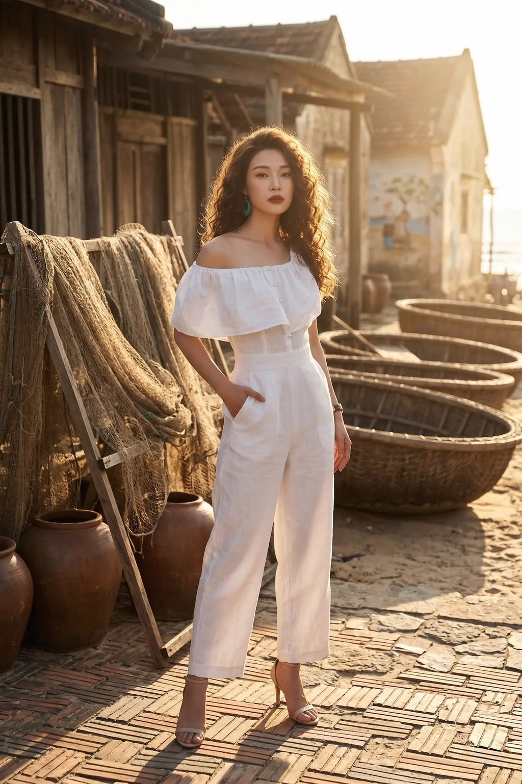 Đồ bay bộ áo liền quần jumpsuit linen trắng thời trang Hity