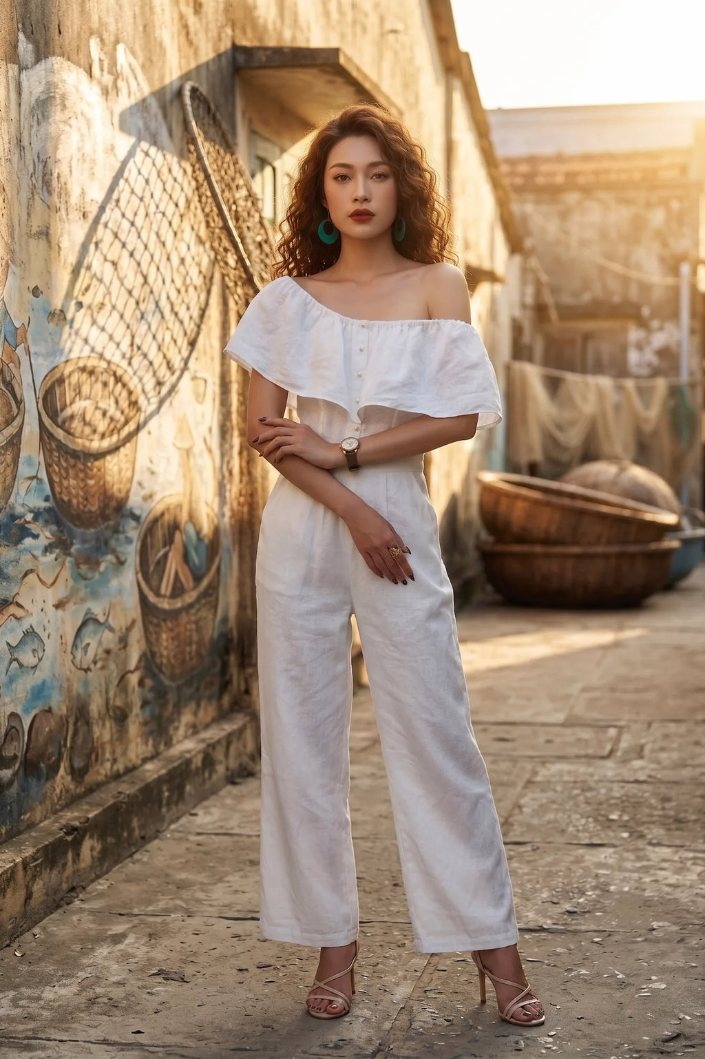 Đồ bay bộ áo liền quần jumpsuit linen trắng thời trang Hity