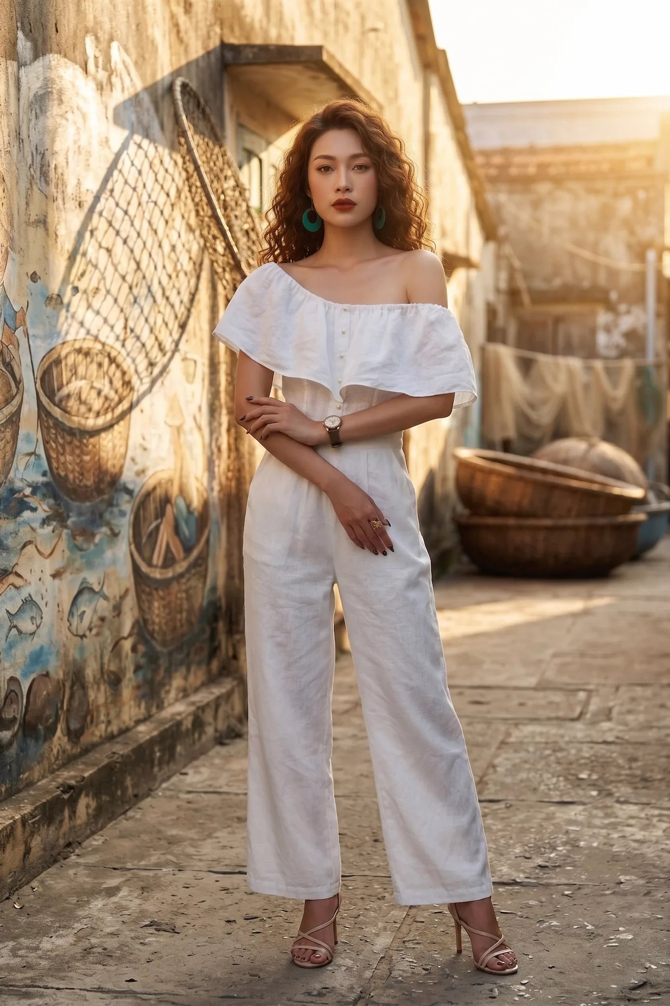 Đồ bay bộ áo liền quần jumpsuit linen trắng thời trang Hity