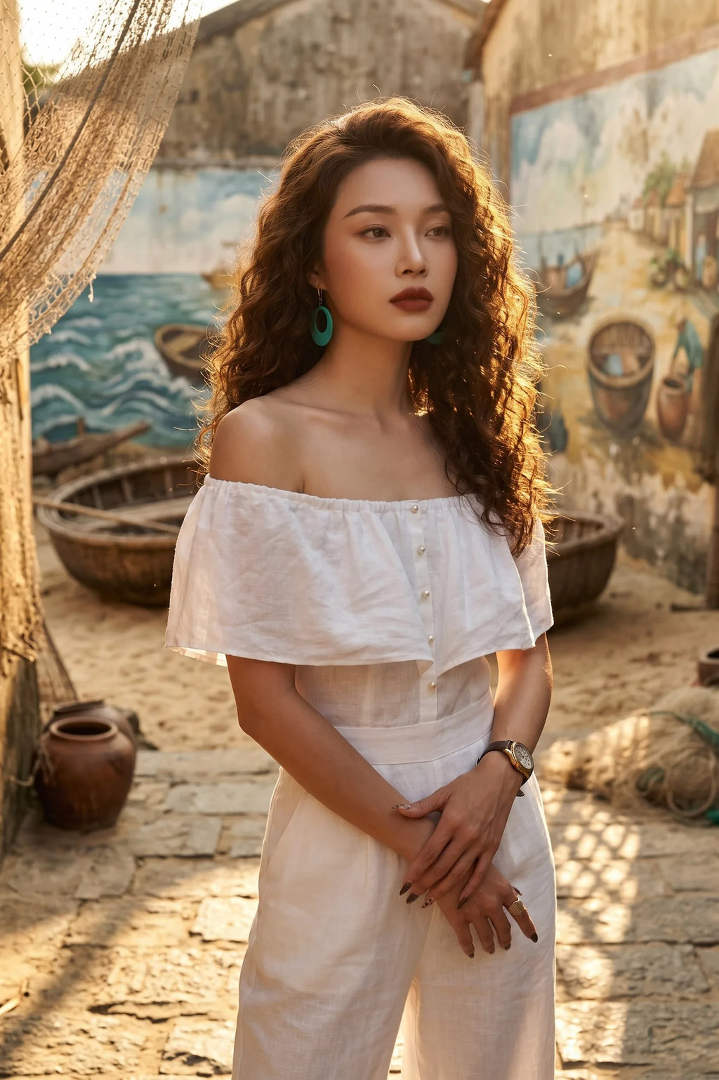 Đồ bay bộ áo liền quần jumpsuit linen trắng thời trang Hity