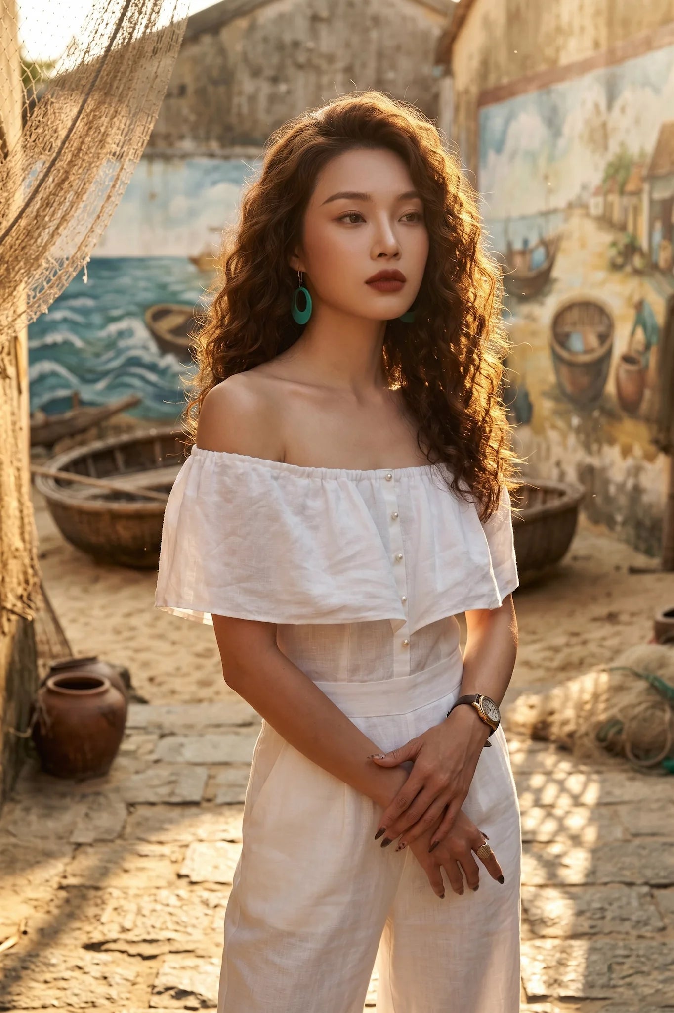 Đồ bay bộ áo liền quần jumpsuit linen trắng thời trang Hity