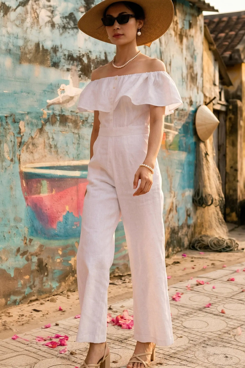 Đồ bay bộ áo liền quần jumpsuit linen trắng thời trang Hity