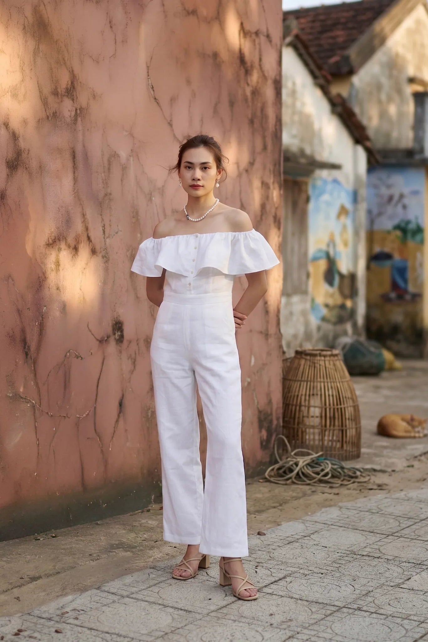 Đồ bay bộ áo liền quần jumpsuit linen trắng thời trang Hity