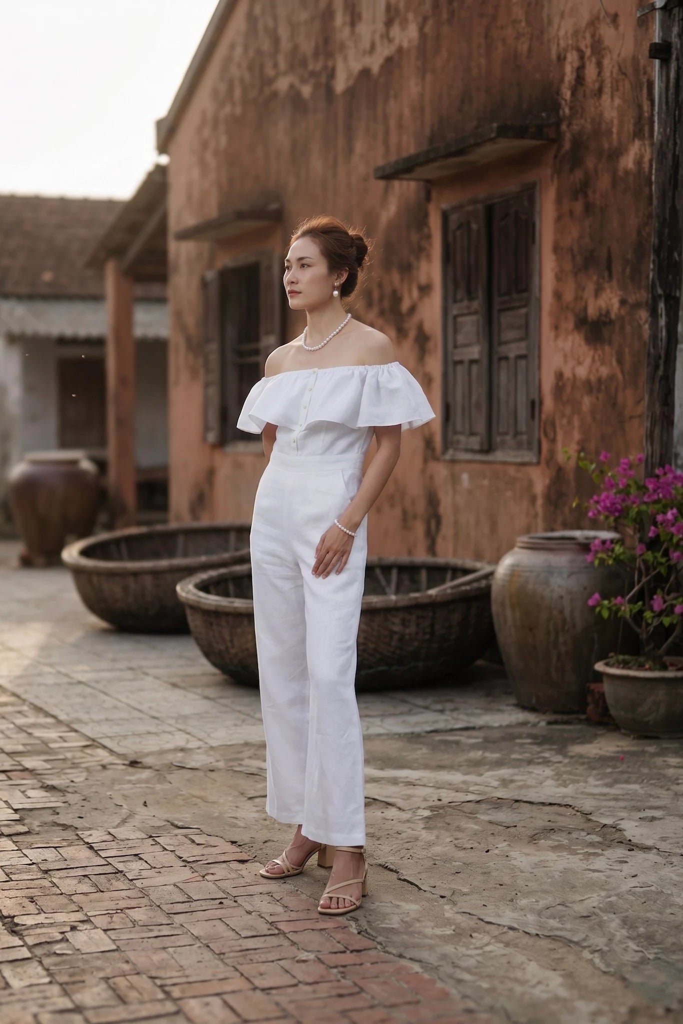 Đồ bay bộ áo liền quần jumpsuit linen trắng thời trang Hity